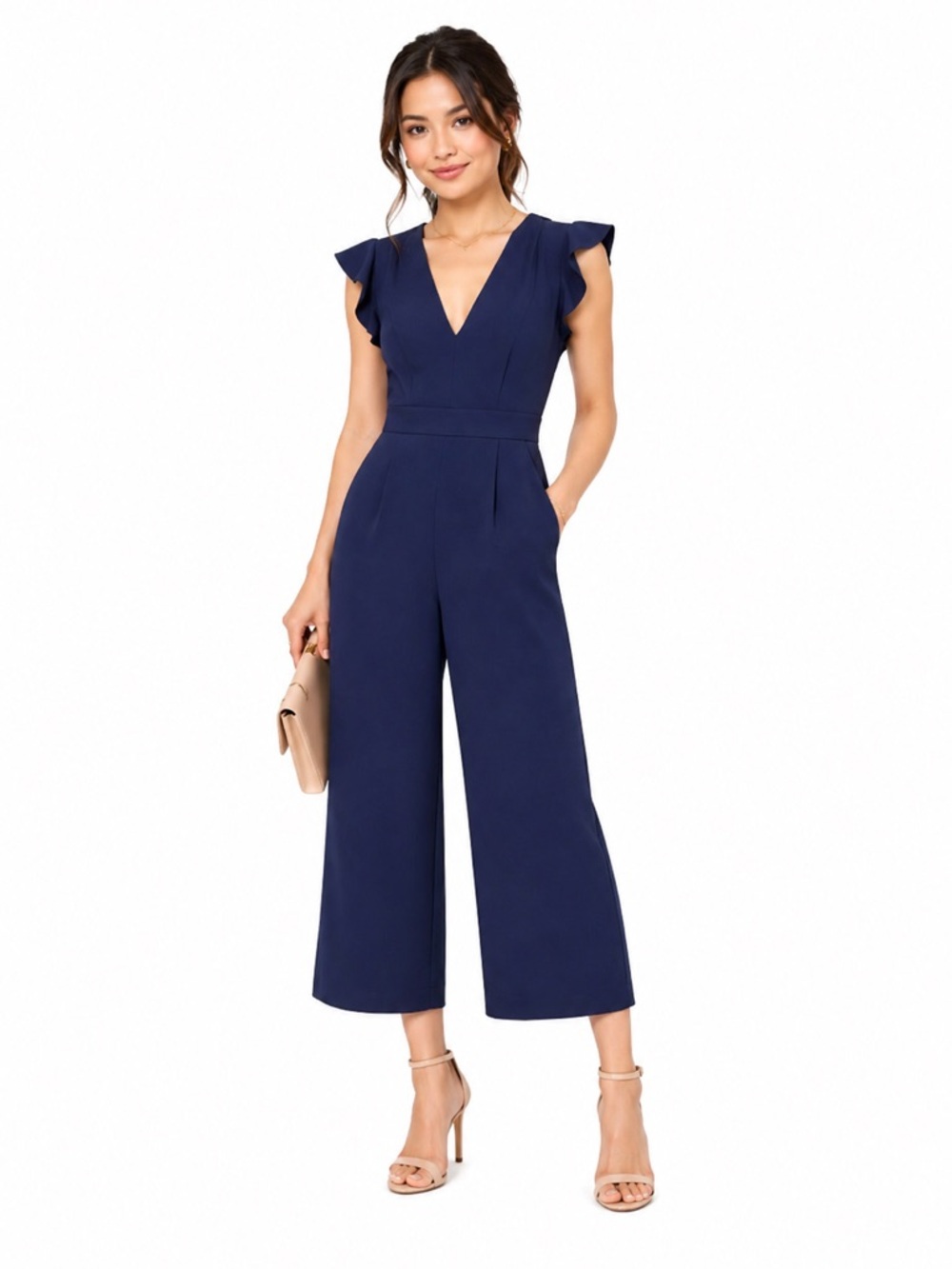 Vince Camuto Blue Jumpsuit with Ruffled Sleeves and Cropped Wide-Leg